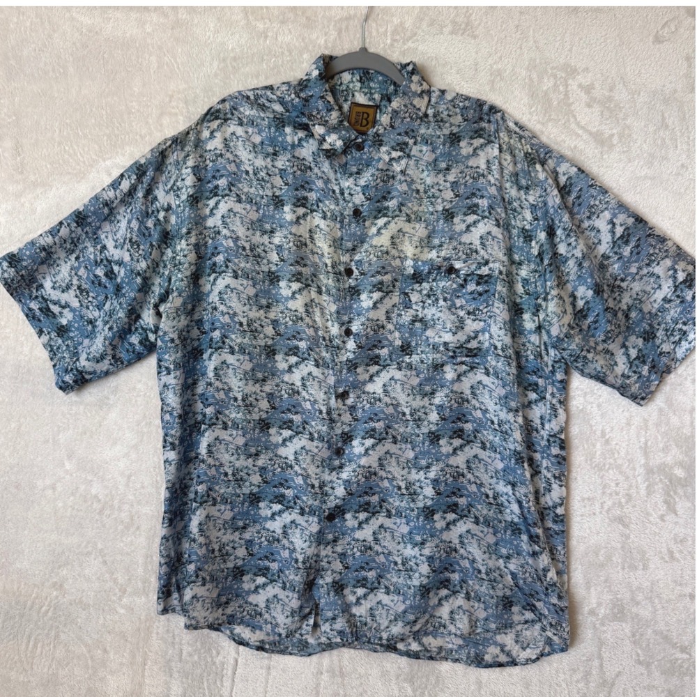 Vintage Bruno Mens XL 100% Silk Shirt Blue Abstract Camo Button‎ Up Y2K Resort